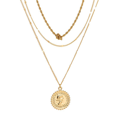 Coin Medallion Portrait Pendant Multi-layered Necklace
