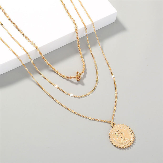 Coin Medallion Portrait Pendant Multi-layered Necklace