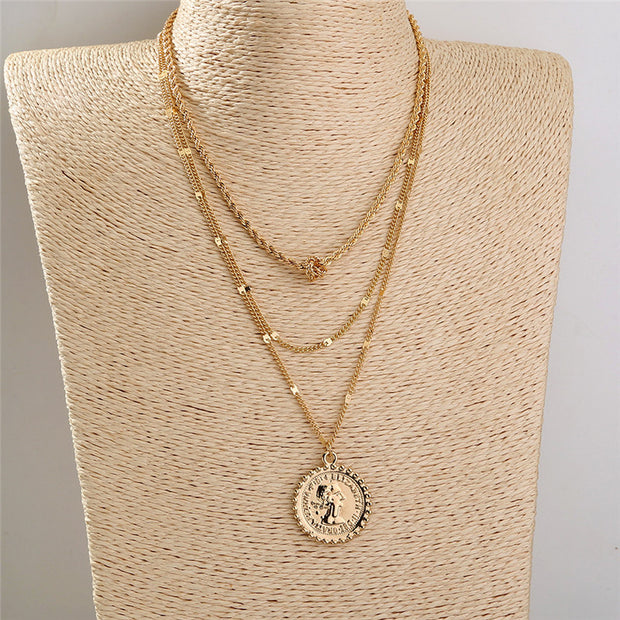 Coin Medallion Portrait Pendant Multi-layered Necklace