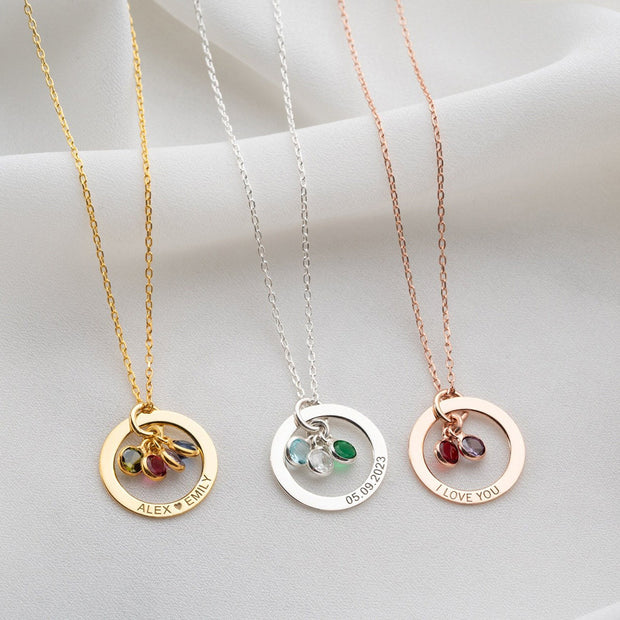 Personalized Engraved Birthstone Circle Necklace
